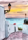 Watercolor illustration of an old greek street with white houses