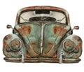 Watercolor illustration of old rusty green car. An old rusty enamel element. Hand drawn in watercolor on a white background.