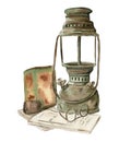 Watercolor illustration of old rusty green kerosene lamp. An old rusty enamel element. Hand drawn in watercolor on a white