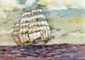 Old ship in the sea on the sunset watercolor illustration