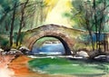 Watercolor illustration of an old stone bridge Royalty Free Stock Photo