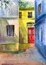 Watercolor illustration of an old town street with a red door on the facade of a yellow house Royalty Free Stock Photo