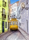 Watercolor illustration of an old town street with some houses and a yellow tram