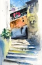 Watercolor illustration of an old town street with a staircase between colorful old houses Royalty Free Stock Photo