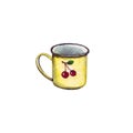Watercolor illustration.old vintage enameled yellow mug with a cherry pattern. metal retro tableware.Isolated on a white