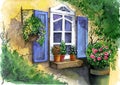 Watercolor illustration of an old window with blue shutters, earthenware flower pots Royalty Free Stock Photo