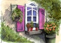 Watercolor illustration of an old window with pink shutters, earthenware flower pots Royalty Free Stock Photo