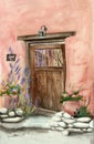 Watercolor illustration of an old wood door