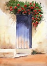 Watercolor illustration of an old wooden blue door with a red rose Royalty Free Stock Photo