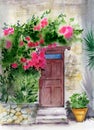 Watercolor illustration of an old wooden red door with a red rose climbing the wall Royalty Free Stock Photo