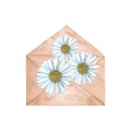watercolor illustration of an open envelope with nested flowers