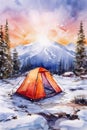 watercolor illustration orange camping tent on the snow in the mountains