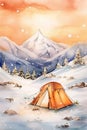 watercolor illustration orange camping tent on the snow in the mountains