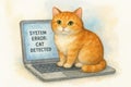 Watercolor illustration of an orange cat sitting on a laptop displaying system error message. concept of technology failure Royalty Free Stock Photo
