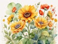 Watercolor illustration of an orange gerbera and yellow daisies