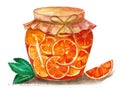 Watercolor illustration of orange jam in glass jar. Organic natural fruits. Royalty Free Stock Photo