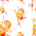 Watercolor illustration of orange in juice splash isolated on a white background. Seamless pattern Royalty Free Stock Photo