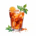 Watercolor Illustration Of Orange Tea And Mint Cocktail