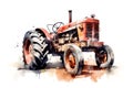 Watercolor illustration of orange tractor with vibrant paint splatters on white background