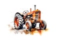 Watercolor illustration of orange tractor with vibrant paint splatters on white background