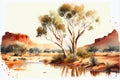 Watercolor illustration of the outback in rural Australia