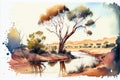 Watercolor illustration of the outback in rural Australia