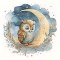 Watercolor illustration of a owl slepping on the moon Royalty Free Stock Photo