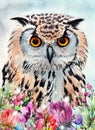 Watercolor illustration of an owl with spotted contrasting white and black feathers