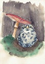 Watercolor illustration of the owl under mushroom Royalty Free Stock Photo