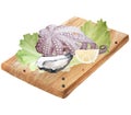 Watercolor illustration of oysters, octopus, lemon, lettuce on wooden cutting board isolated on white background