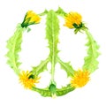 Watercolor illustration of a pacific icon made from dandelion flowers, a sign of peace and love, an international symbol of peace
