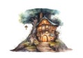 Watercolor Illustration Painting Of Mysterious House In The Big Old Wood