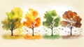 Watercolor Illustration Painting Transition From Summer To Autumn Season In A Colorful Tree Forest Generative AI