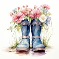 Watercolor illustration of a pair of blue rubber boots with a bouquet of flowers