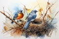 Watercolor illustration of a pair of bluebirds in the nest. Generative AI