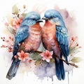 Watercolor illustration of a pair of bluebirds sitting on a branch with flowers