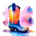 Watercolor illustration of a pair of cowboy boots on a watercolor background Generative AI