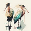 Watercolor illustration of a pair of painted storks on a white background