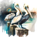 Watercolor illustration of a pair of pelicans on a jetty. Royalty Free Stock Photo