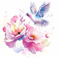 Watercolor illustration of a pair of pigeons and peony flowers AI generated