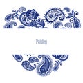 Watercolor illustration paisley eastern outline flower leaves and tribal folk persian indian blue indigo