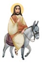 Watercolor illustration of Palm Sunday: Jesus Christ on a donkey, isolated on white background. For Christian church publications Royalty Free Stock Photo