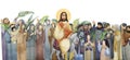 Watercolor illustration of Palm Sunday: Jesus Christ on a donkey, people greet him with palm branches. For Christian holiday