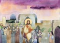 Watercolor illustration of Palm Sunday: Jesus Christ enters Jerusalem on a donkey, people greet him with palm branches. For
