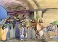 Watercolor illustration of Palm Sunday: Jesus Christ enters Jerusalem on a donkey, people greet him with palm branches. For