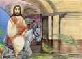 Watercolor illustration of Palm Sunday: Jesus Christ enters Jerusalem on a donkey, people greet him with palm branches. For