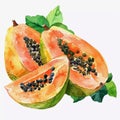 Watercolor illustration of Papaya composition. Tropical fruit Papaya. Isolated on a white background Royalty Free Stock Photo