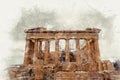 Watercolor illustration of the Parthenon, the ruins of an ancient monument in the Acropolis. Athens, Greece.