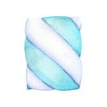 Watercolor illustration pastel color sweet marshmallow twists. Twisted white, blue pastel colored candy, snack with soft