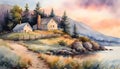 Watercolor illustration in pastel colors, beautiful idyllic landscape with a house and water,
